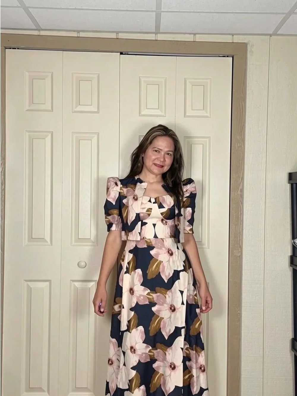 Navy Floral Maxi Dress with Puff Sleeves